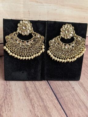 Gold Floral Pearl Chandbali Earrings - Women Jewelry
